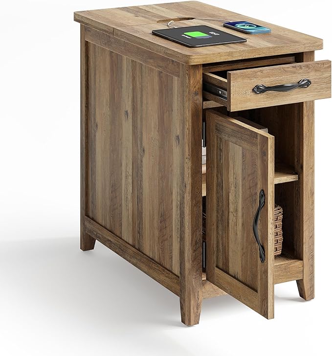 LINSY HOME Farmhouse End Table with Charging Station, Narrow Side Table for Living Room, Sofa Side Table with Drawer and Storage Cabinet, Small Nightstand for Home Office