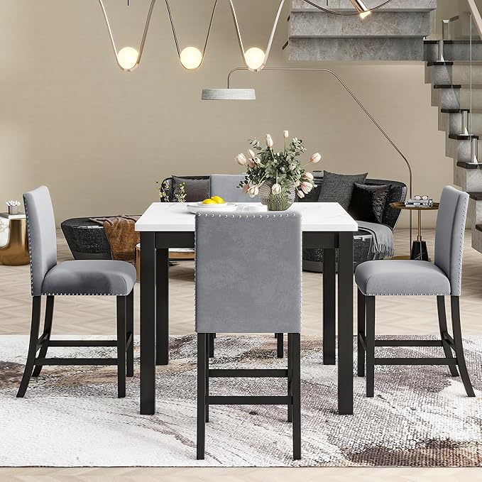 5 Pieces Dining Table Set with 35" Rectangle Faux Marble Top Table,Living Room Furniture W/ 4 Velvet-Upholstered Chairs,for Restaurant,Home Bistro,Gray