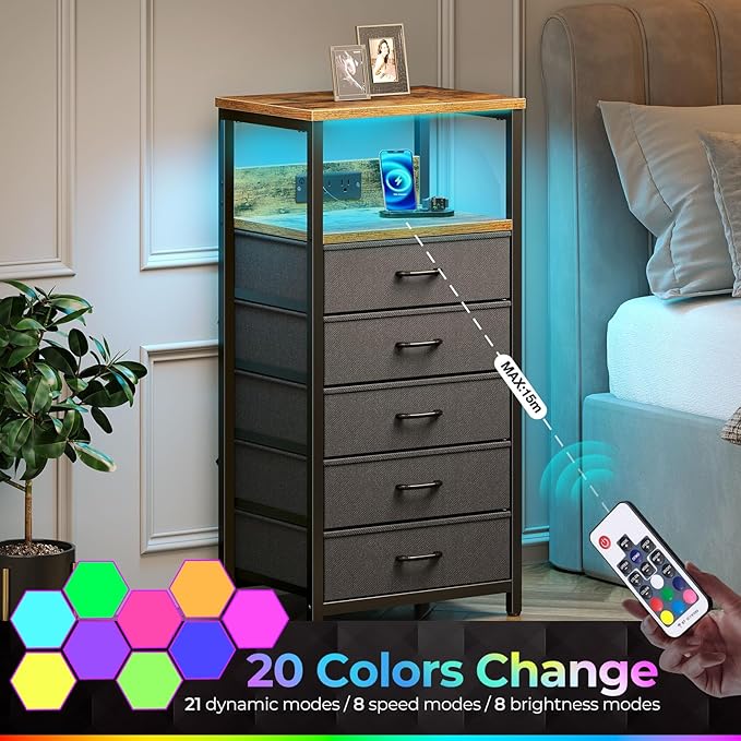 Seventable Night Stand with Charging Station, Tall Nightstand with 5 Fabric Storage Drawers, Side Table with LED Light for Bedroom, Entryway, Rustic Brown, Set of 2