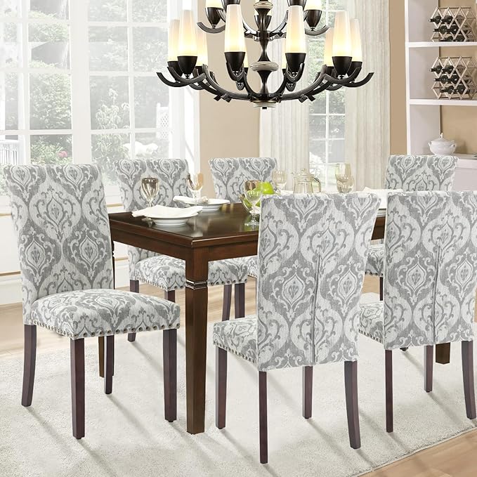 Parsons Dining Chairs Set of 4, Upholstered Nailhead Dining Room Kitchen Side Chair with Thick Cushions and Wood Legs, White/Grey