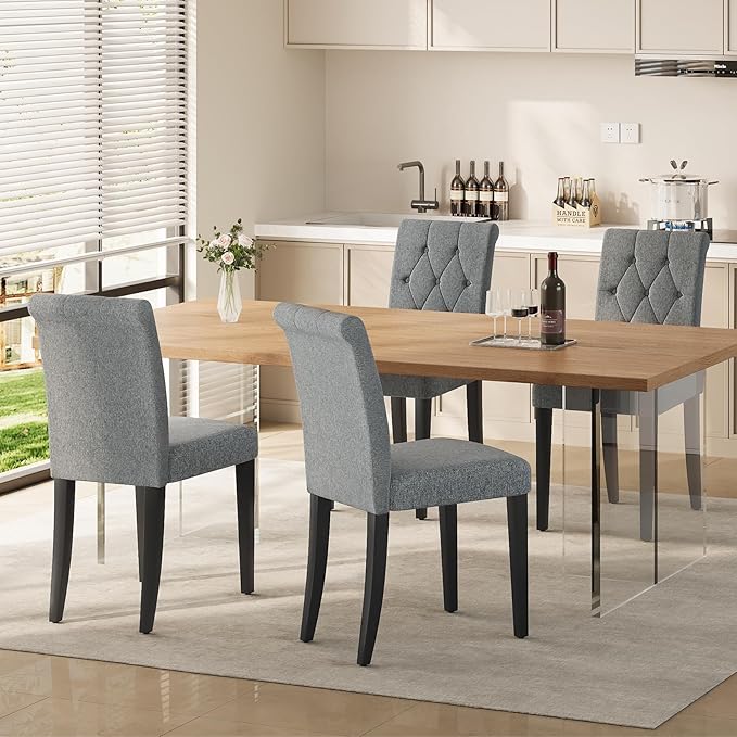 Upholstered Dining Chairs Set of 4, Button Tufted Parsons Dining Chair with Solid Wood Legs, Modern Fabric Side Chair for Dining Room/Kitchen/Restaurant/Hotel- Grey