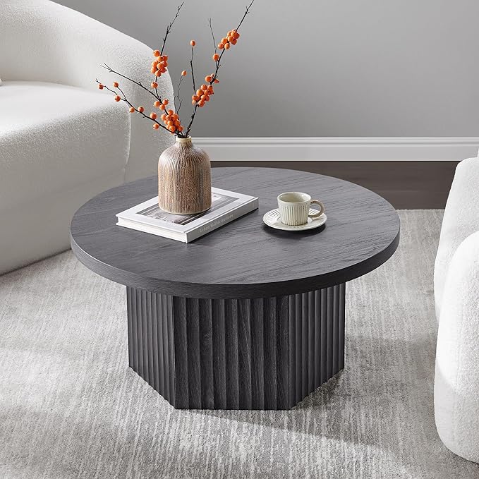 SICOTAS Round Coffee Table for Living Room, Mid Century Modern Fluted Center Coffee Table with Storage, 32" Circle Accent Tea Dining Table for Apartment, Dark Grey Alder