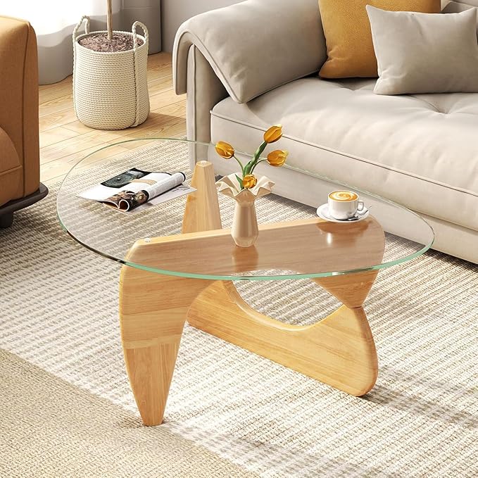 Modern Glass Coffee Table for Living Room, Mid Century Coffee Tables, Suitable for Bedroom Living Room Reception Office Tables（Wood/Transparent，Large）