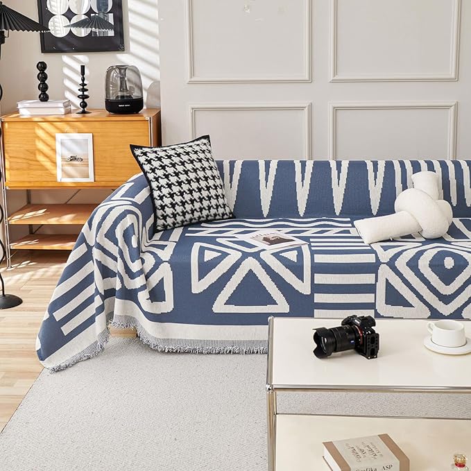 STACYPIK Jacquard Blue Geometric Sofa Cover Thick Soft Boho Couch Covers for 1 Cushion Couch Dogs Cats Furniture Protector Cover Reversible Armchair Cover for Pets Dog Cat Sofa Throw Cover-71X71IN