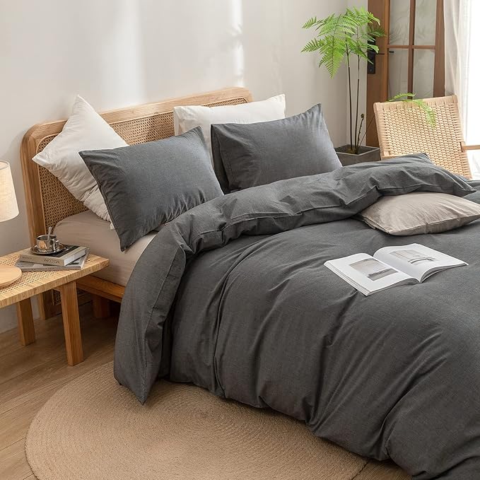 BESTOUCH Duvet Cover Set 100% Washed Cotton Linen Feel Super Soft Comfortable Chic Lightweight 3 PCs Home Bedding Set Solid Dark Grey Super King