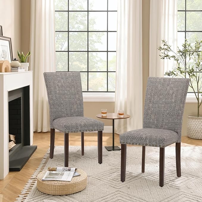 Parsons Dining Chairs Set of 2, Upholstered Nailhead Dining Room Kitchen Side Chair with Thick Cushions and Wood Legs, Black/White