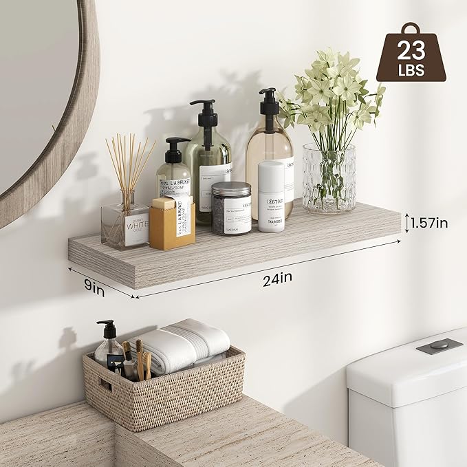 Heimlove 24 inch Floating Shelves for Wall,9.3 inch deep Grey Bathroom Over Toilet Shelf,Wall Mounted Rustic Wood Shelves for Bedroom,Living Room,Kitchen,Office Decor Set of 2-Grey