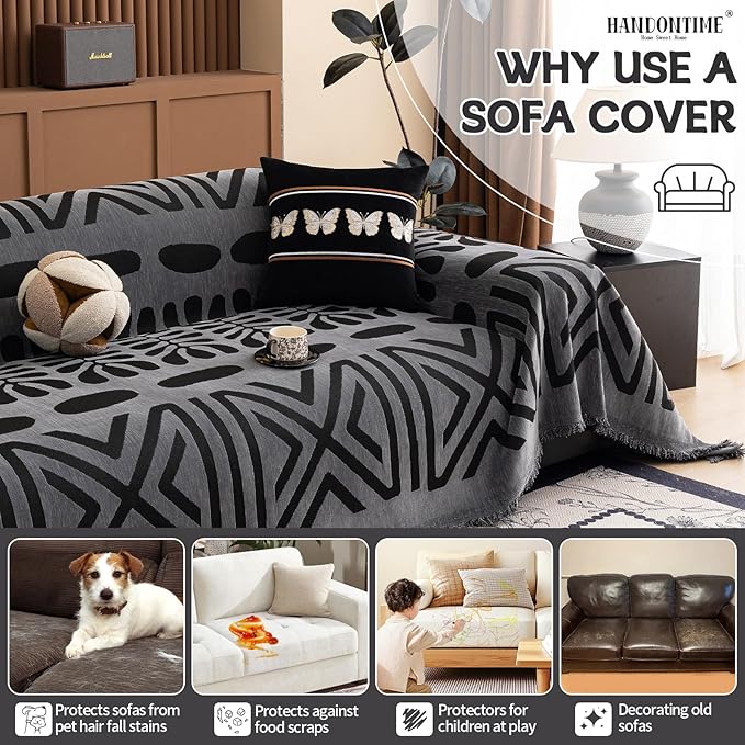 HANDONTIME Boho Couch Cover Blanket Geometric Striped Pet Covers for Couches and Sofas Dark Grey and Black Dog Cover for Couch Pet Friendly Chenille Sectional Sofa Covers for Pets Washable, 71" X134"