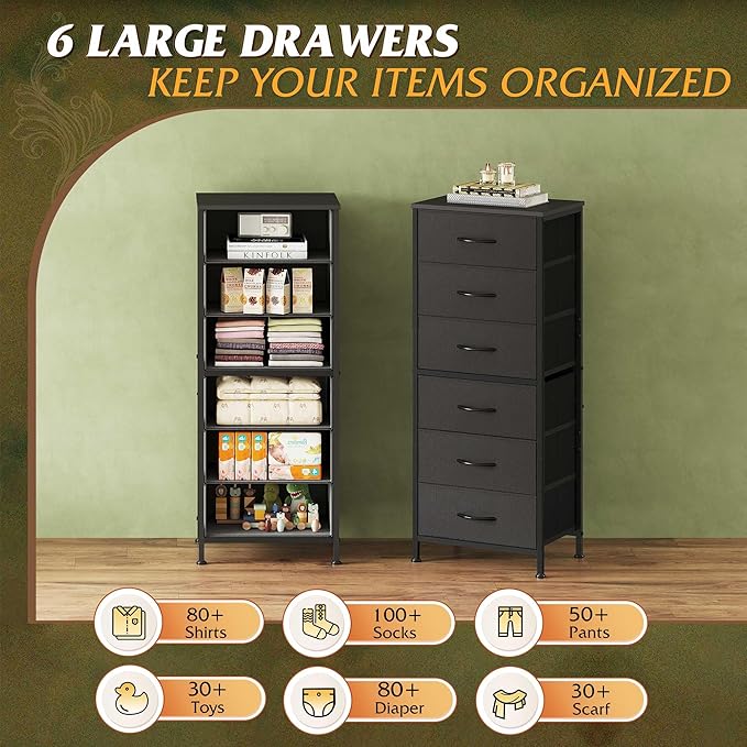 WLIVE Black Tall Dresser for Bedroom, 6 Drawer Dressers & Chests of Drawers, Fabric Dresser for Closet, Living Room, Night Stand with Metal Frame, Storage Tower with Fabric Bins, Wood Top