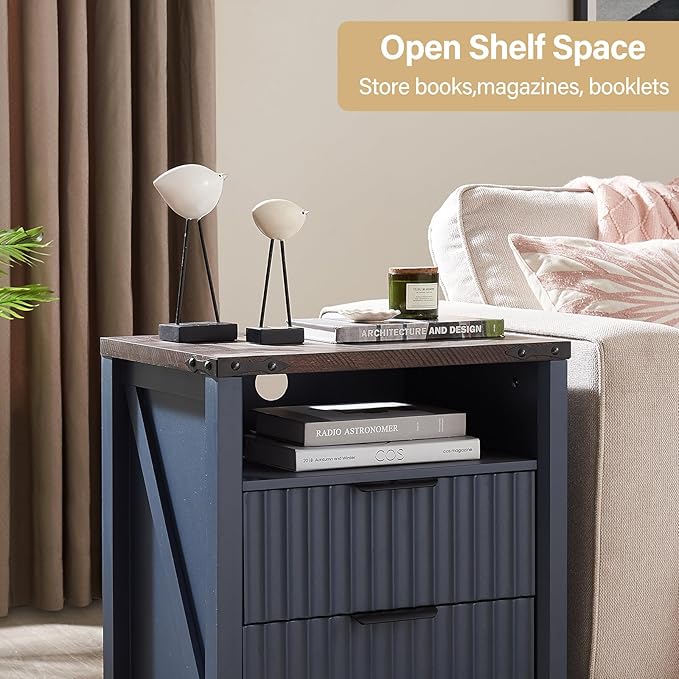 Navy Blue Nightstand with Charging Station - 20 Inch Wide Farmhouse Fluted Bedside Table with 2 Drawers, Modern Wood End Side Table for Bedroom Study Storage Home