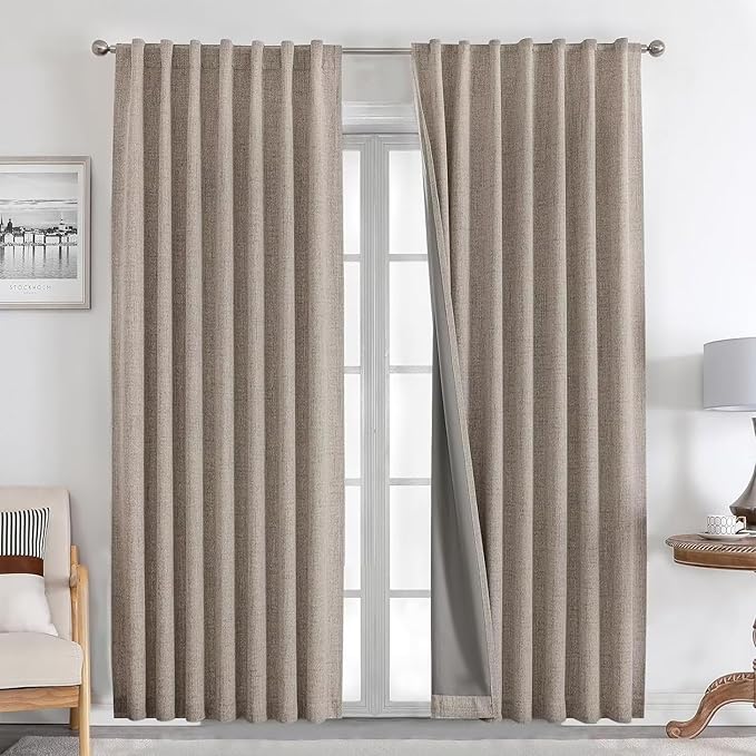 Joydeco Natural Linen Curtains 96 inch Length 2 Panels Set Burg 100% Blackout Patio Door Curtain Room Darkening Sliding Door Curtains Thermal Insulated Back tab Rod Pocket(105x96 inch, Linen)