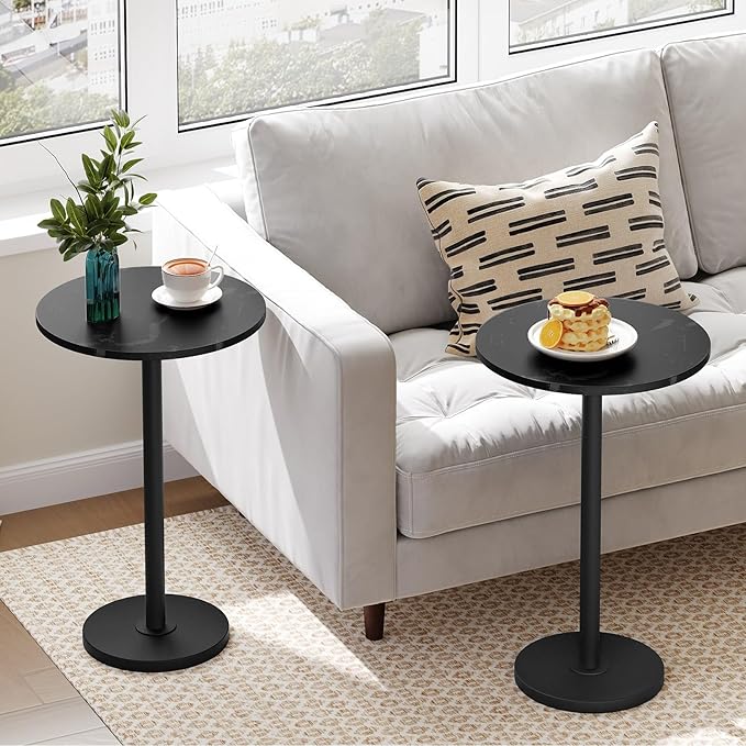 Round Side Table, Tall Drink End Table for Small Spaces, Pedestal Style Martini Side Table in Living Room, Bedroom, Dormitory, Marble Black and Black ET30BM