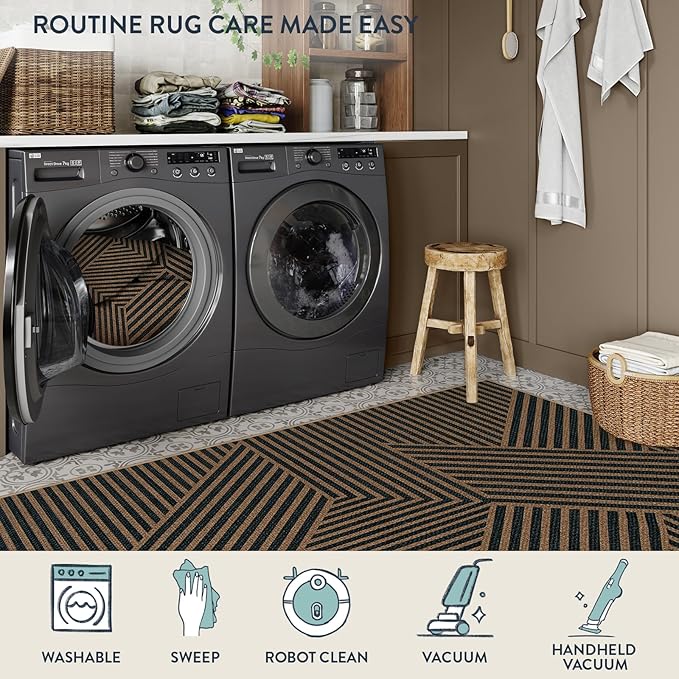 Lahome Modern Geometric Outdoor Easy Jute Rug, 3x5 Indoor Outdoor Rugs for Living Room Black Entryway Carpet, Farmhouse Washable Non Slip Carpet for Patio Courtyard Bedroom