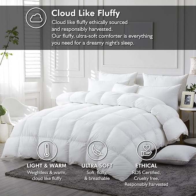 Luxurious White Solid Medium Weight, King Size Goose Feathers Down Comforter for All-Season Weather Duvet Insert, Premium Baffle Box, 100% Egyptian Cotton Cover, 65 oz. Fill Weight