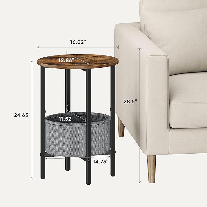 Vagusicc Round Side Table End Table with Storage Basket, Small Side Table Round Nightstand for Small Spaces, Tall Oval End Table with Steel Frame, Coffee Bedside Table for Living Room, Rustic Brown