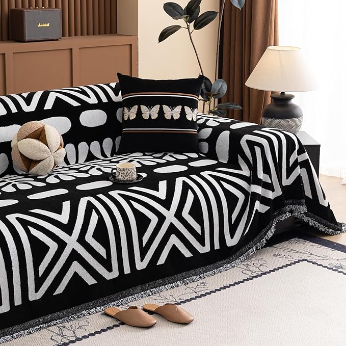HANDONTIME Boho Couch Cover Blanket Geometric Striped Pet Covers for Couches and Sofas Black and White Dog Cover for Couch Pet Friendly Chenille Sectional Sofa Covers for Pets Washable, 71" X 150"