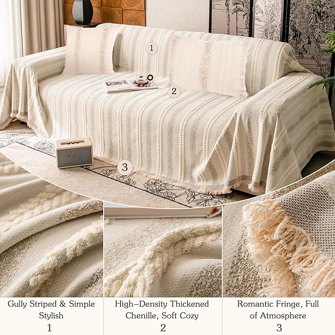 Couch Cover for Dogs Washable Sofa Cover, Sectional Couch Covers, Sofa Covers for 2 Cushion Couch, Non Slip Stripe Sofa Slipcovers Furniture Protector, Couch Protector from Cat Claws, Beige,75''x134''