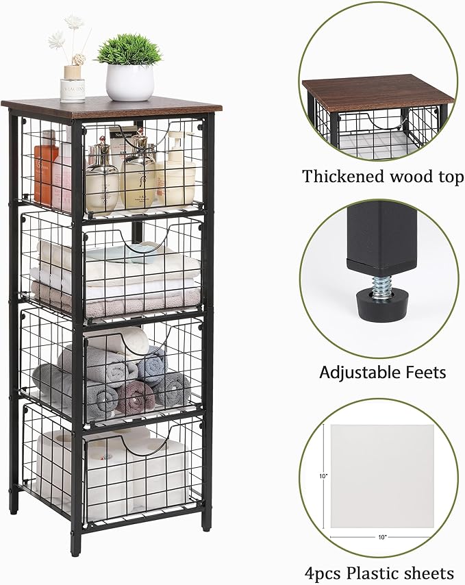 5-Tier FreeStanding Storage Shelves with 4 Pull-Out Baskets,Bathroom Organizer Shelves Unit with WoodTop,Fruit Basket for Kitchen,Storage Tower Organizer Basket Cart for Bathroom，Black