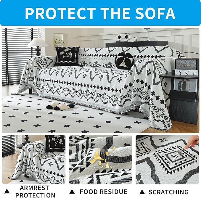 LUFEIJIASHI Boho Couch Covers for Sofa Non Slip Sofa Covers Washable Couch Covers for 3 Cushion Couch Sofa Pet Friendly Sectional Couch Cover Blanket Furniture Protector for Dogs (Black, 91"x150")