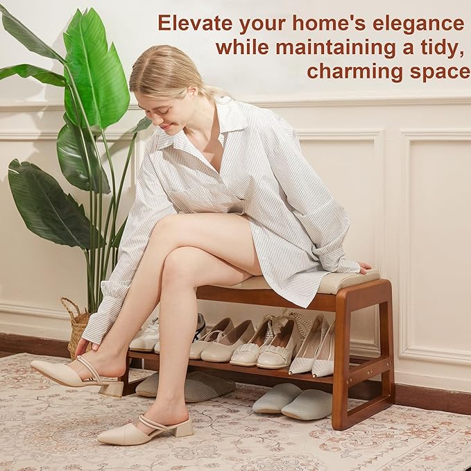 Shoe Bench Storage Rubberwood with Leather Cushion 31.5", Waterproof Easy to Clean 550LBS Organizer Shoe Rack for Entryway, Hallway, Mudroom, Front Door