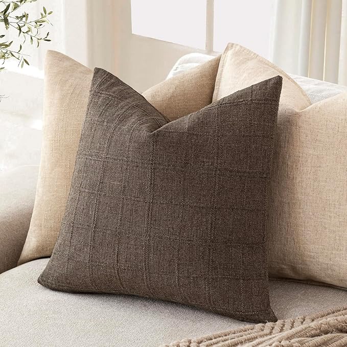 Foindtower Set of 2 Decorative Linen Check Throw Pillow Covers Neutral Farmhouse Vintage Cushion Covers Modern Boho Home Decor for Sofa Chair Couch Bedroom Living Room Outdoor,16×16 Inch,Dark Brown