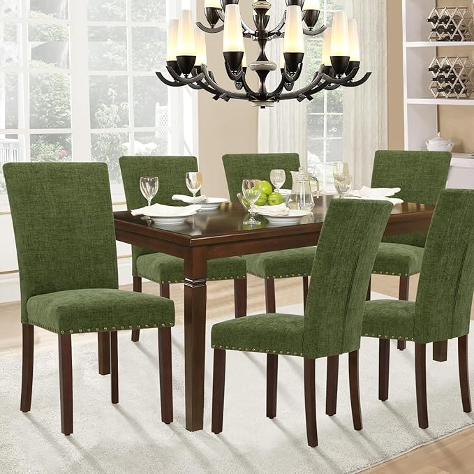 Parsons Dining Chairs Set of 2, Upholstered Nailhead Dining Room Kitchen Side Chair with Thick Cushions and Wood Legs, Green
