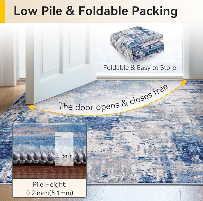 Washable Area Rugs 2'x8' Non-Slip Modern Abstract Soft for Living Room Entryway Bedroom Nursery, Print Pattern, Blue Grey Navy Gray