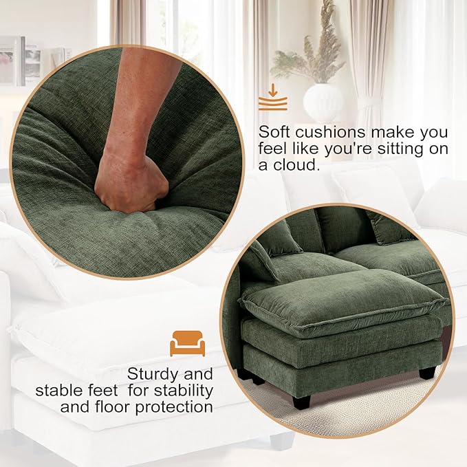 Furniliving Oversized Accent Chair with Ottoman, Luxury Chenille Single Sofa, Upholstered Deep Seat Chaise Lounge with Pillows for Living Room, Bedroom, Apartment, Green
