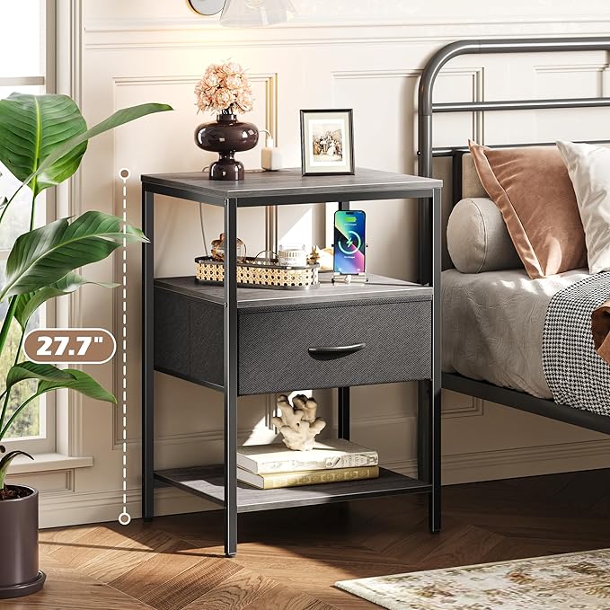 SUPERJARE Night Stand with Charger Station, 27.7 Inch Tall Nightstand with Adjustable Fabric Drawer, Bed Side Table, Fabric Drawer Dresser for Bedroom, Living Room, Charcoal Gray and Black