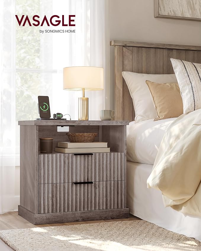 VASAGLE MAXE Collection - Set of 2 Nightstands with Charging Station, Bedside Table, Side End Table with 2 Drawers, Open Shelf, 2 AC Outlets, 2 USB Ports, Transitional, Bedroom, Washed Gray ULET926G01