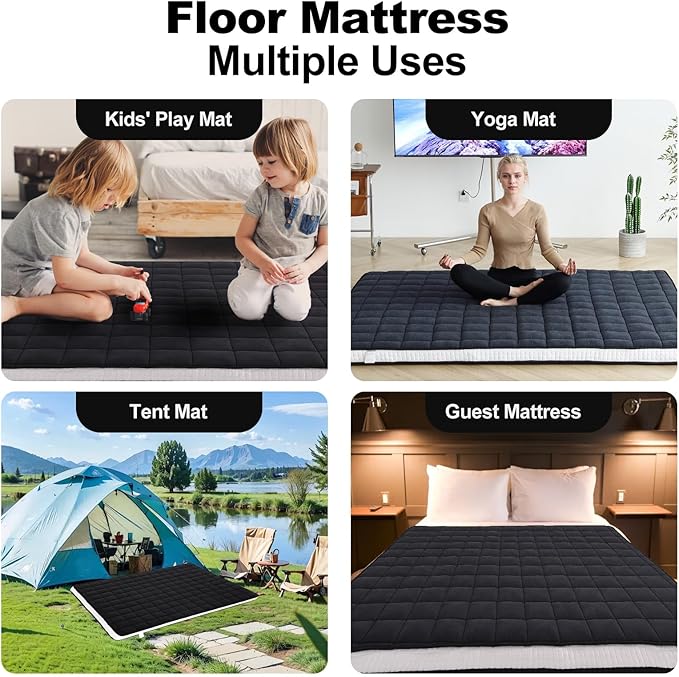 Tiita Japanese Floor Mattress, 4” Thicken Futon Mattress with Storage Bag and 2 Straps, Full Size Sleeping Tatami Mat for Adults，Black