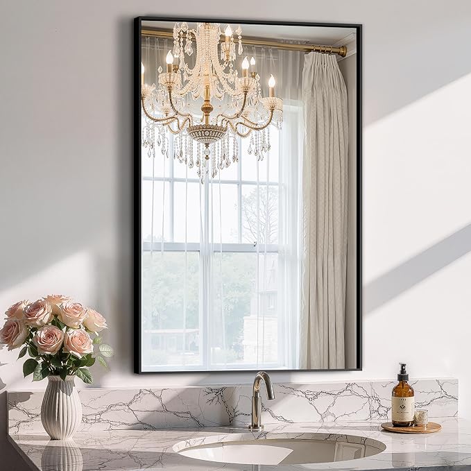 Bathroom Vanity Mirror for Wall, 20" x 30" Metal Framed Rectangular Bathroom Wall Mirror for Over Sink, HD Shatterproof Glass, Hangs Horizontally or Vertically(Black)