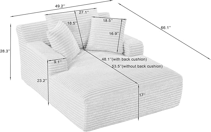 Oversized Chaise Daybed Lounge Sleeper Chair Sofa Bed Indoor, Fluffy Corduroy Upholstered Sleeper Recliner Sofabed Extra Wide Full Foam Cloud Sofabed W/3 Pillows for Home/Apartment Living Room Bedroom