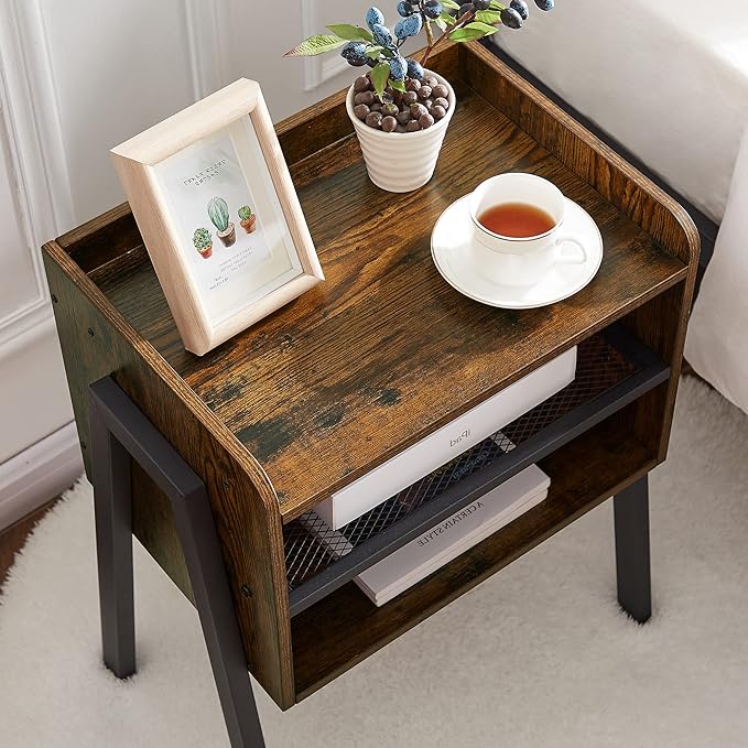 VECELO Nightstand Industrial Side End Table/Stackable Accent Furniture with 2-Tier Open Storage Compartments for Bedroom,and Small Spaces