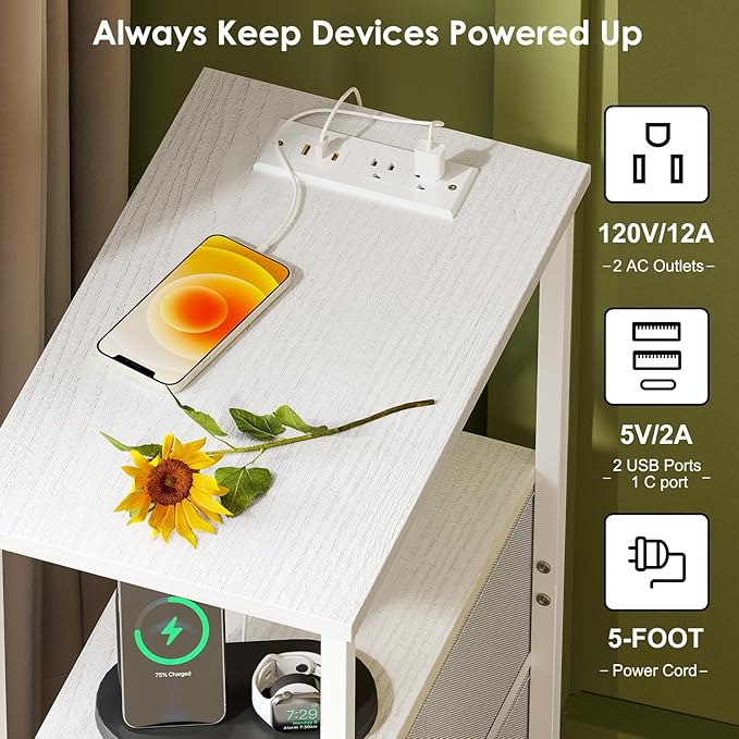 Fixwal Narrow Side Table with Charging Station and LED Light, Skinny Nightstand with 1 Fabric Drawer, Slim End Table for Bedroom, Dorm, Small Space, White