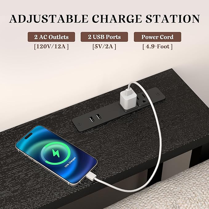 GRLEAF 70" Sofa Table with Built-in Power Strip (4 AC Outlets & 4 USB Ports) – 4.9ft Power Cord, Metal Frame, Easy Assembly, Long Couch Table Behind Sofa, Hallway, Living Room and Home Office | Black