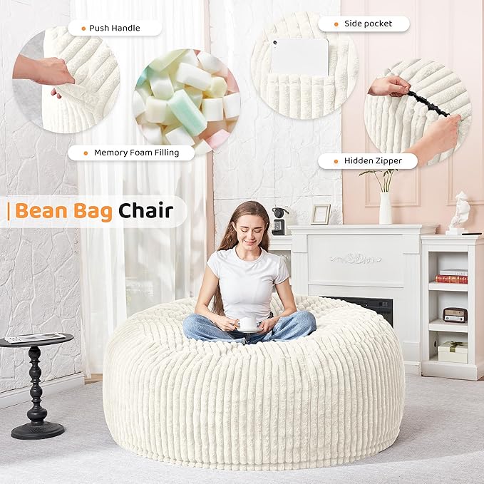 HABUTWAY 3FT Bean Bag Chair, 3' Large Bean Bag Chairs for Adults with Removable Stripe Plush Cover, Memory Foam Beanbag Chair for Living Room Bedroom Dorm (White)