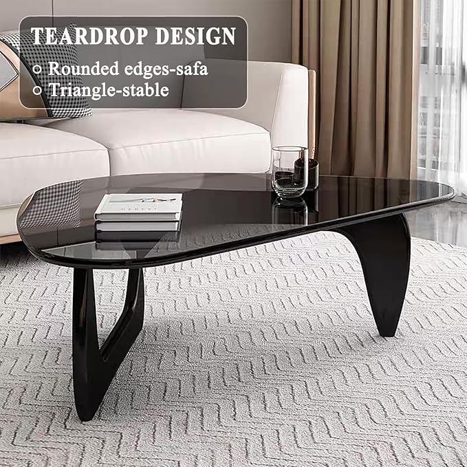 Mid Century Modern Glass Coffee Table for Living Room, Small Coffee Tables, Suitable for Bedroom Living Room Reception Office Tables（Black/Grey，Medium）