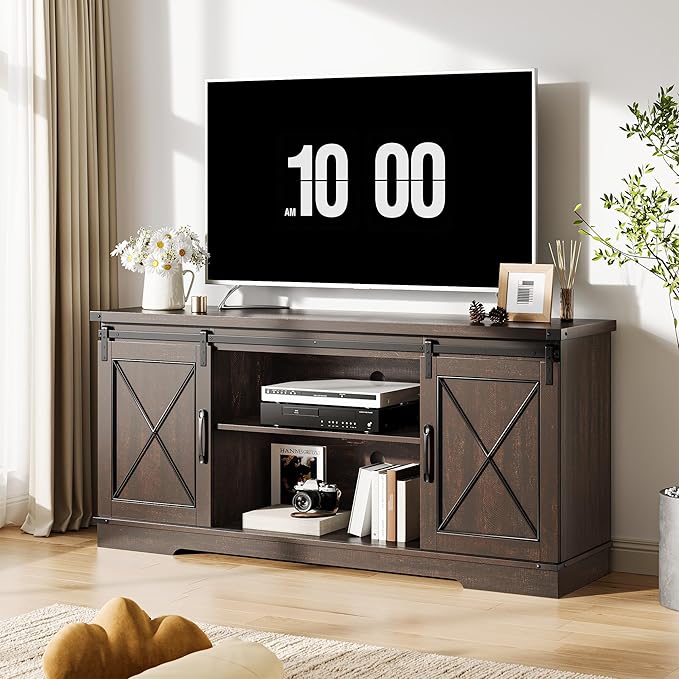 GAOMON Farmhouse 59" TV Stand Up to 65 Inches, Mid Century Modern TV Entertainment Center with Storage Cabinets & Open Shelves, Wood TV Cabinet for Living Room, Brown