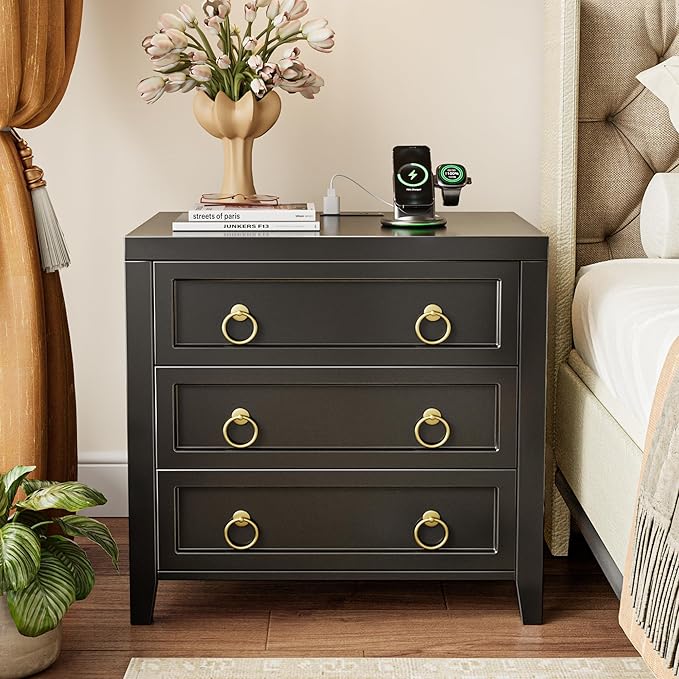Huuger 23.6 Inch Night Stand with Charger Station and USB-C Port, 3 Drawer Nightstand, Larger Wider Bedside Table, Modern Side End Table, for Bedroom, Black Nightstand