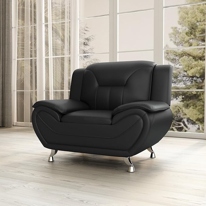 Container Furniture Direct Michael Modern Faux Leather Upholstered Stainless Steel Legs Living Room, Chair, Black