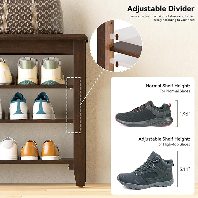 Shoe Bench Storage Rubberwood, Entryway Bench with 3-Tiers Height Adjustable, Shoe Rack Front Door Entrance Organizer for Hallway Living Room, Mudrooms, Walnut,31.5"
