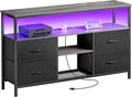 Huuger 47 Inch TV Stand Dresser with Power Outlets and LED Lights, 4 Drawers Entertainment Center with Open Shelf, Media Console for 55 50 Inch TV, Dresser with PU Finish, Grey and Black