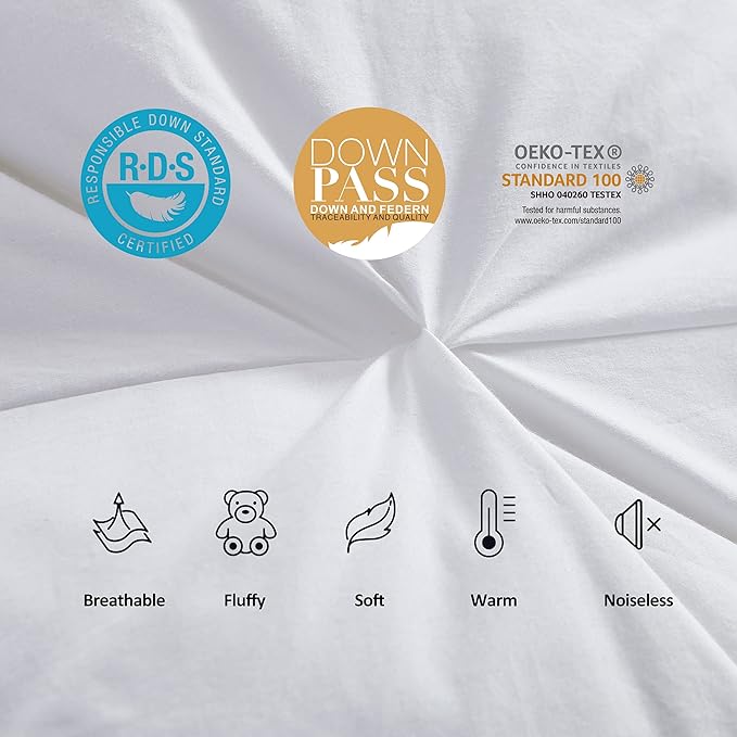 Luxurious All-Season Goose Down Feather Fiber Comforter Twin Size Duvet Insert, Exquisite Pinch Pleat Design, Premium Baffle Box, 100% Egyptian Cotton Cover, 50 oz. Fill Weight, White