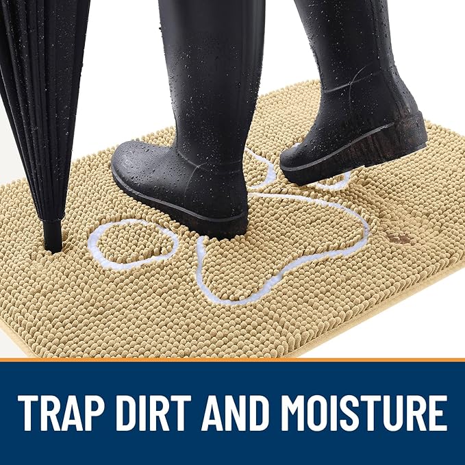 OLANLY Door Mat for Muddy Dog Paws 70x46, Ultra Absorbent Chenille Mud Doormat with Paw Print Design, Non-Slip Washable Doormat for Indoor Entryway, Quick-Dry Pet Bed Mats for Dirty Dogs, Beige