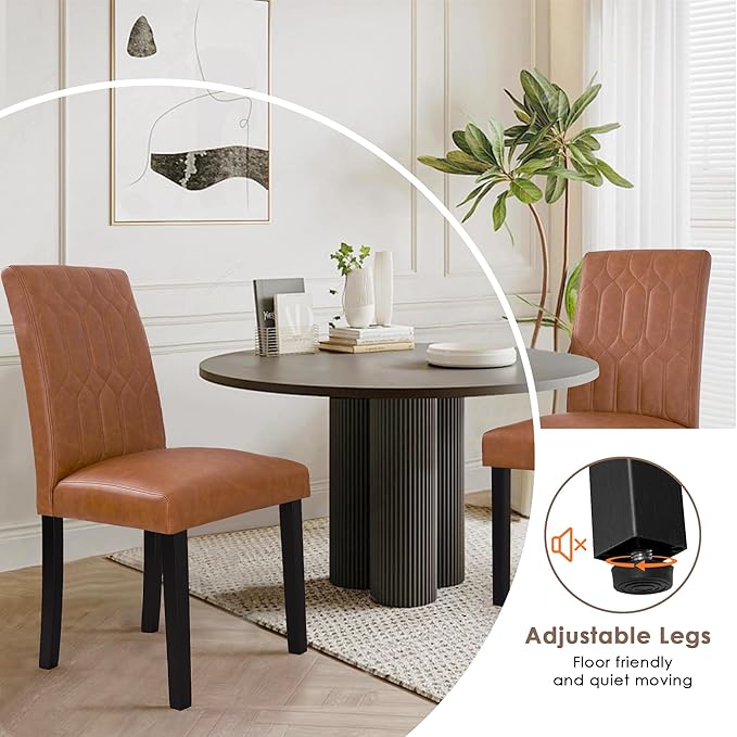 VECELO Upholstered Dining Chairs Set of 2, Modern PU Leather Accent Parsons, Solid Wood Legs w/Rubber Footpads, for Living Room Kitchen, Brown