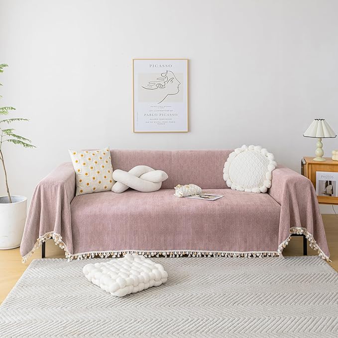 HANDONTIME Solid Boho Sofa Cover for 3 Cushion Couch - Pink-Purple Chenille Throw With Tassels for Dogs, 91" X 134", Mauve