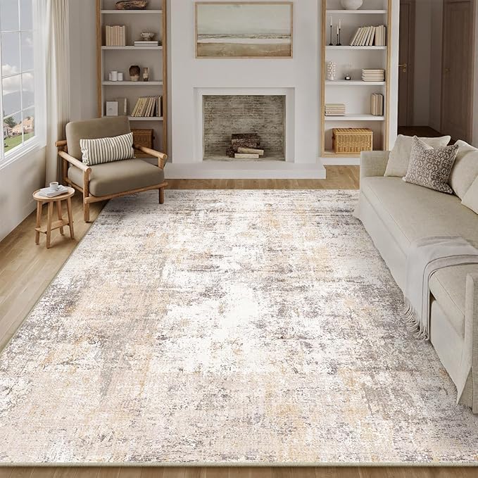 10x14 Washable Area Rug Beige Grey Neutral Abstract Living Room Bedroom Large Throw Rug Non Slip Soft Low Pile Indoor Floor Carpet for Dining Room Kitchen Office Entryway