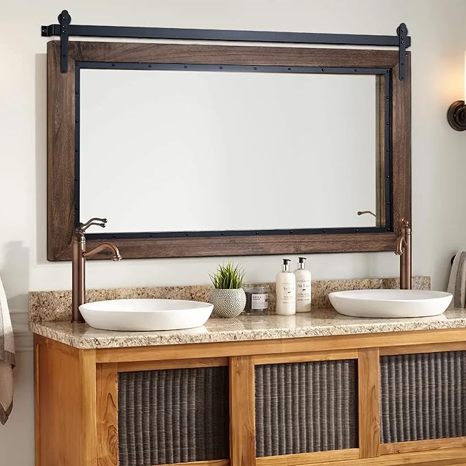 YOSHOOT Farmhouse Barn Door Mirror, 48"x30" Rustic Bathroom Mirror, Wood Frame Wall Mirror, Wooden Mirror for Living Room Bedroom Entryway Wall Décor, Horizontal Hanging ONLY