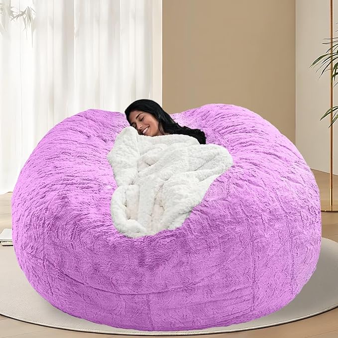 BCU Oversized Bean Bag Cover Comfy Beanbag Chair for Adults Without Filler Faux Fur Lazy Sofa Cover for Living Room Chairs, Purple, 5FT